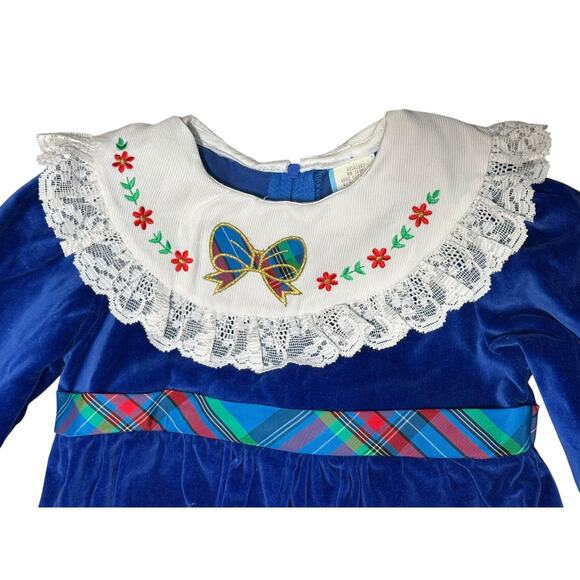 Vintage 80s Blue Velvet Toddler Christmas Romper One Piece Suit 18 Months Lace - Picture 3 of 7